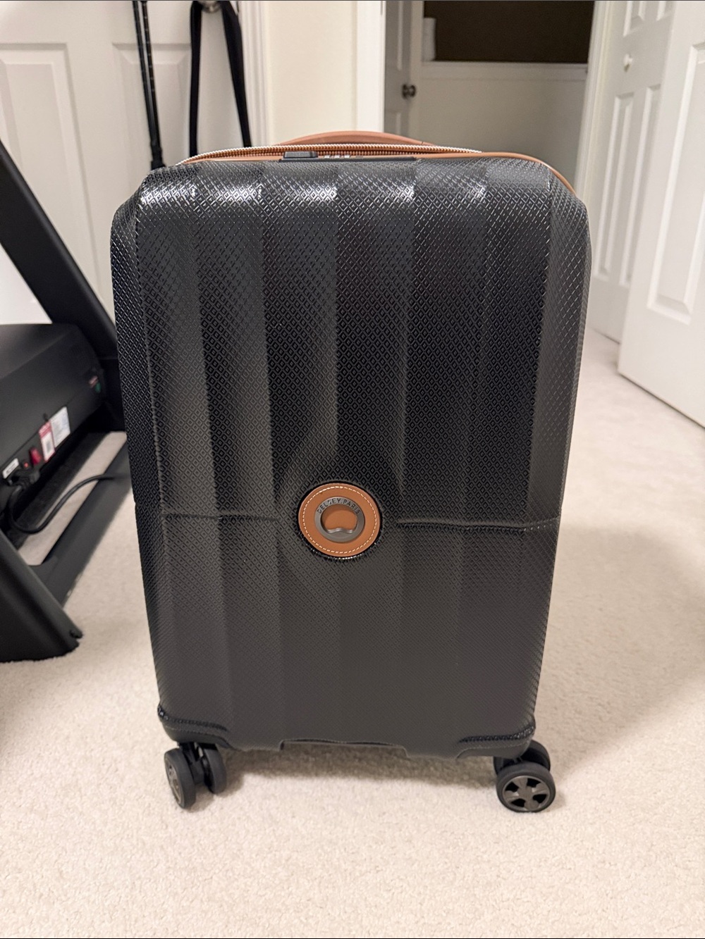 Hard-Shell Spinner Carry-On in Black with Brown Trim New without tags